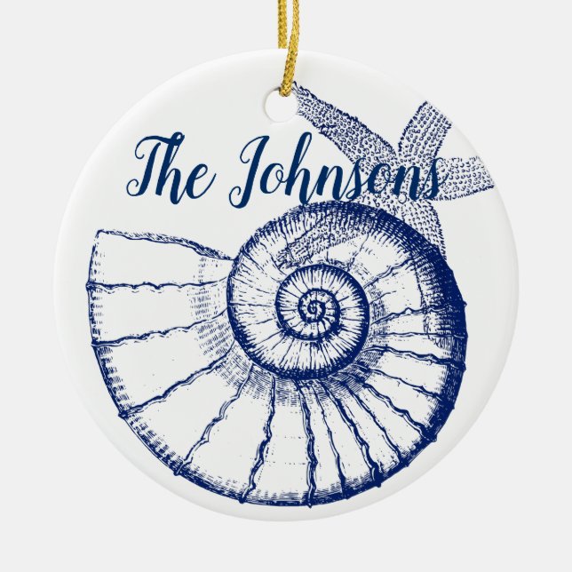 Nautilus Seashell & Starfish Marine Life Custom Ceramic Tree Decoration (Front)