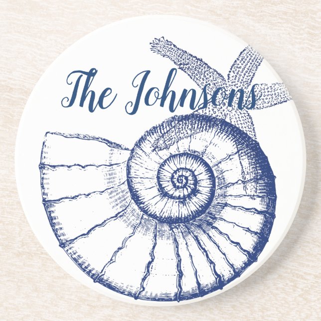 Nautilus Seashell & Starfish Marine Life Custom Coaster (Front)