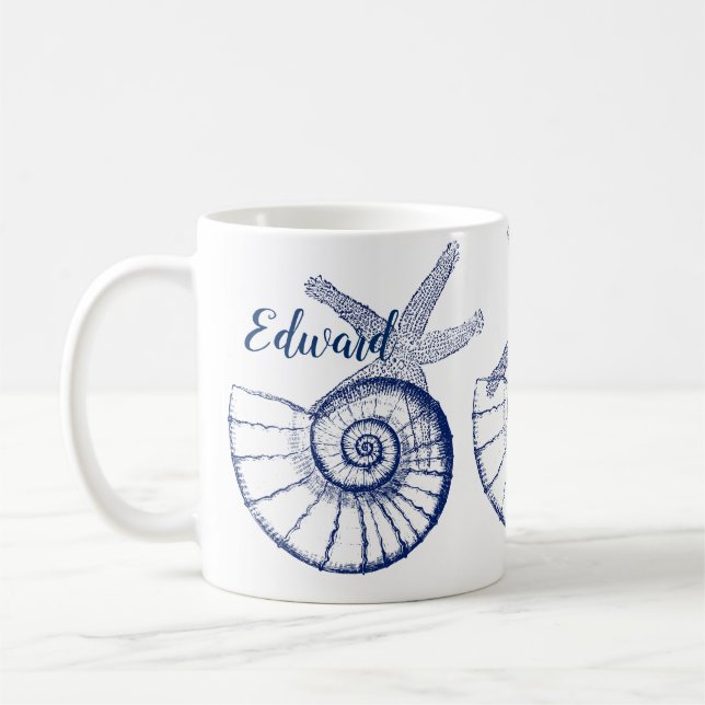 Nautilus Seashell & Starfish Marine Life Custom Coffee Mug (Left)