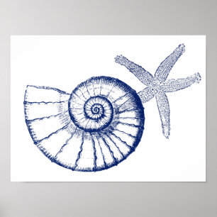 Nautilus Seashell & Starfish Marine Life Custom Poster
