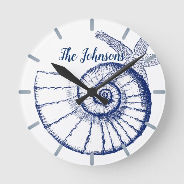 Nautilus Seashell & Starfish Marine Life Custom Round Clock (Front)