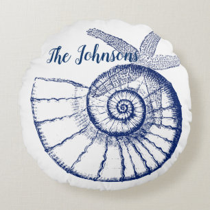 Nautilus Seashell & Starfish Marine Life Custom Round Cushion