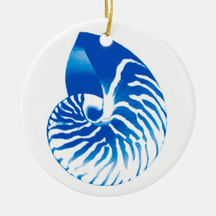 Nautilus shell - cobalt blue and white ceramic tree decoration