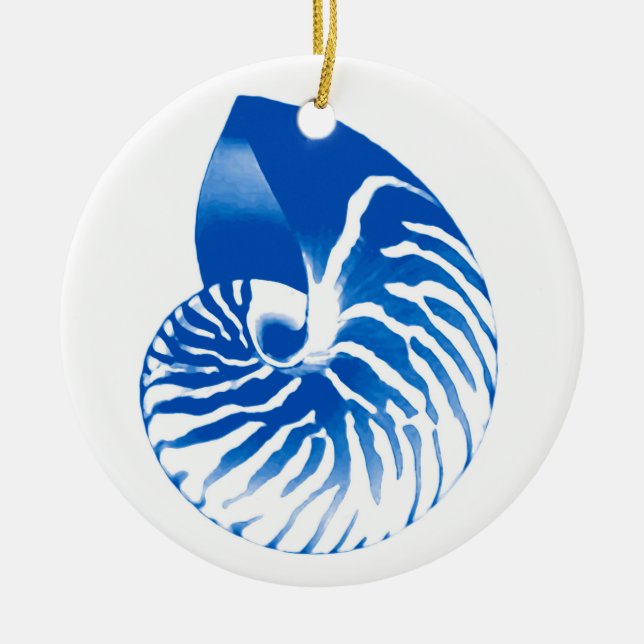Nautilus shell - cobalt blue and white ceramic tree decoration (Front)