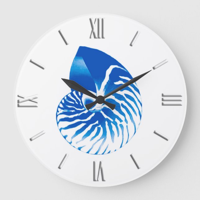 Nautilus shell - cobalt blue and white large clock (Front)