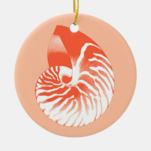 Nautilus shell - coral orange and white ceramic tree decoration