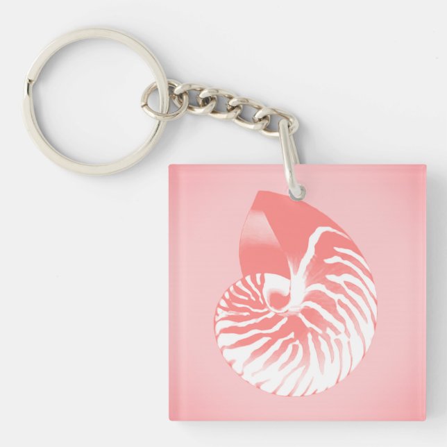 Nautilus shell - coral pink and white key ring (Front)