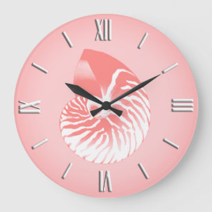 Nautilus shell - coral pink and white large clock