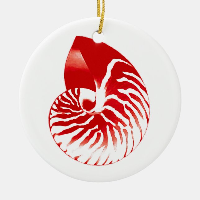 Nautilus shell - dark red and white ceramic tree decoration (Front)