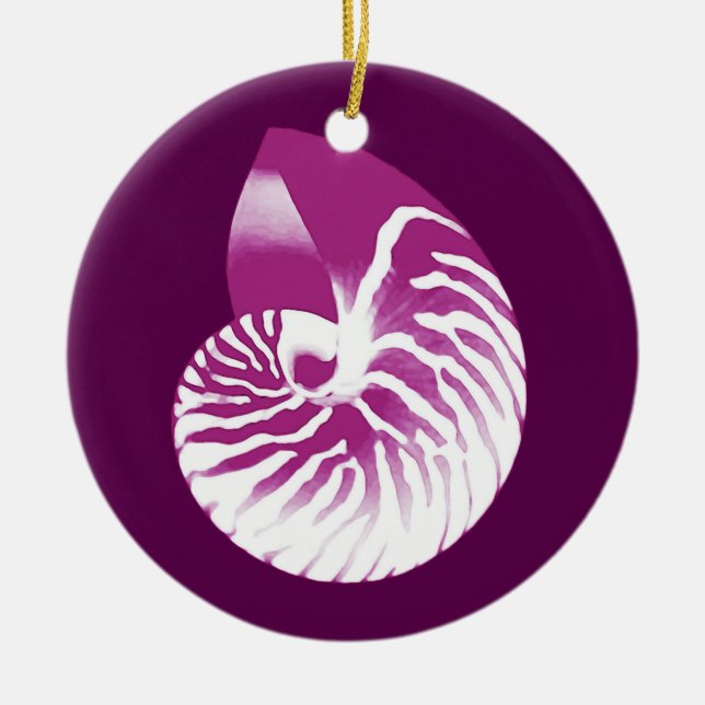 Nautilus shell - eggplant purple and white ceramic tree decoration (Front)