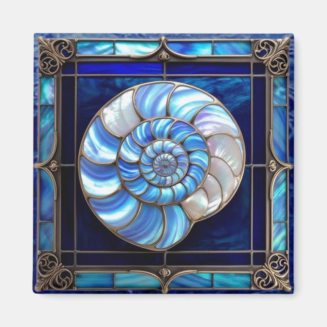 Nautilus Shell in Blue Stained-Glass Look Magnet (Front)