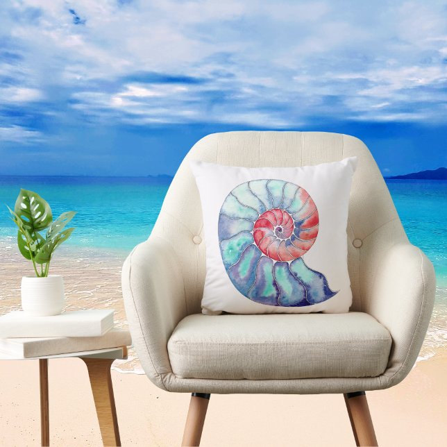 Nautilus Shell in Coral Blue and Grey on Off White Cushion (Creator Uploaded)
