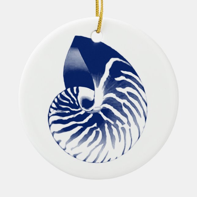 Nautilus shell - navy blue and white ceramic tree decoration (Front)