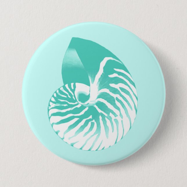 Nautilus shell - turquoise, aqua and white 7.5 cm round badge (Front)