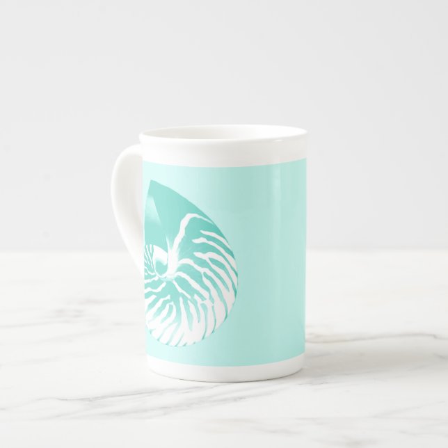 Nautilus shell - turquoise, aqua and white bone china mug (Front Left)