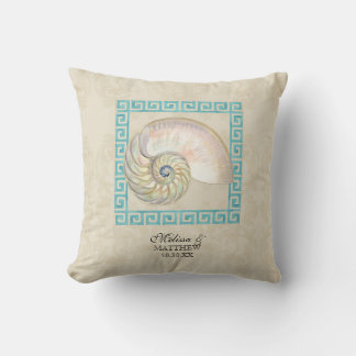 Nautilus Shell Watercolor Greek Key Damask Beach Cushion