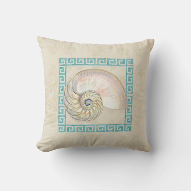 Nautilus Shell Watercolor Greek Key Damask Beach Cushion (Front)
