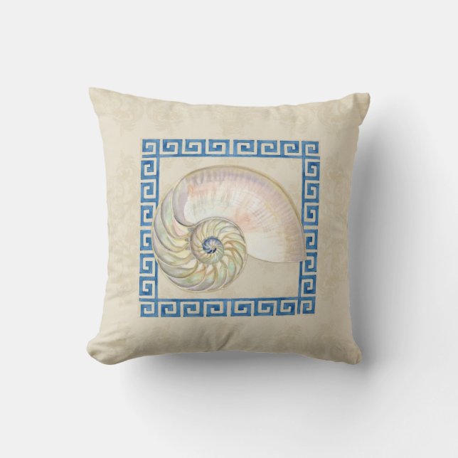 Nautilus Shell Watercolor Greek Key Damask Beach Cushion (Front)