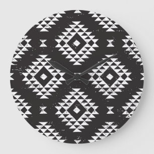 Navajo Geometric: Black White Tribal. Large Clock
