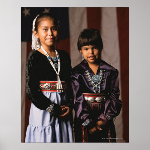 Navajo Girls in Front of Flag Poster