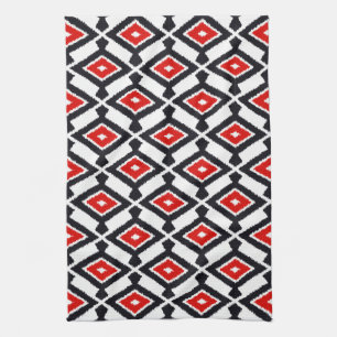 Navajo Ikat Pattern, Dark Red, Black and White Tea Towel