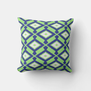 Navajo Ikat Pattern - Green, Indigo Blue and White Cushion