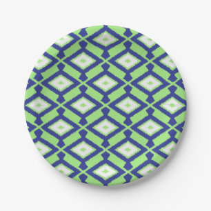 Navajo Ikat Pattern - Green, Indigo Blue and White Paper Plate
