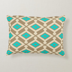 Navajo Ikat Pattern - Turquoise, Taupe and Beige Decorative Cushion