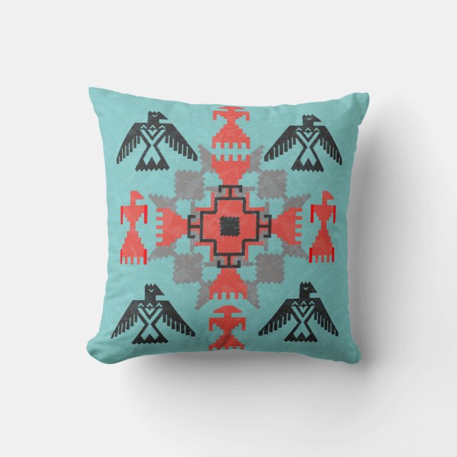 Navajo style ethnic ornament with birds and abstra cushion (Front)