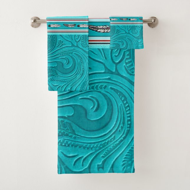 Navajo Tribal Turquoise Faux Leather Tool Bath Towel Set (Insitu)