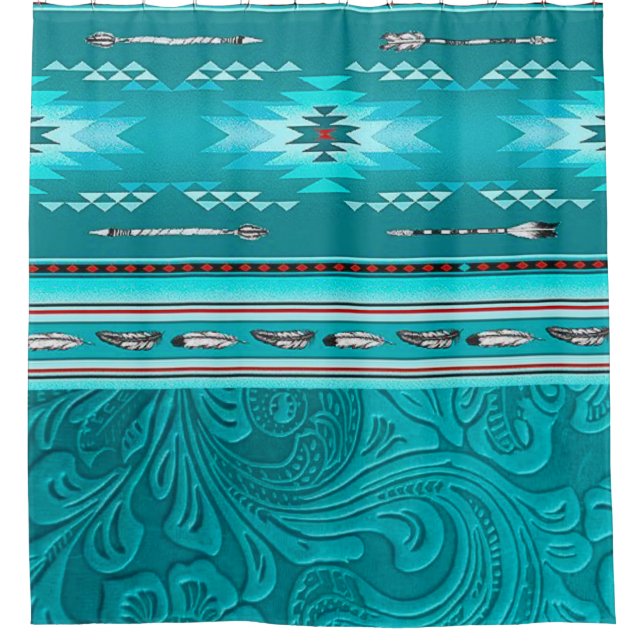 Navajo Tribal Turquoise Faux Leather Tool Shower Curtain (Front)