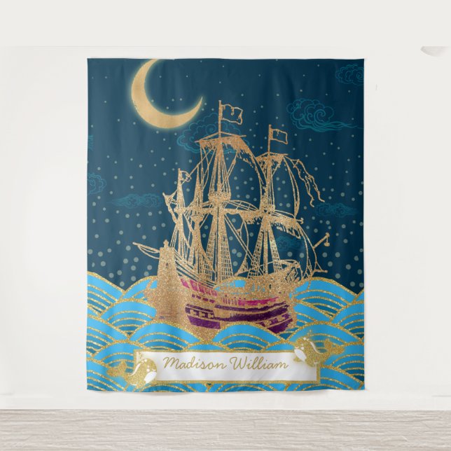 Naval Fleet Under the moonlight with little whales Tapestry (Front)