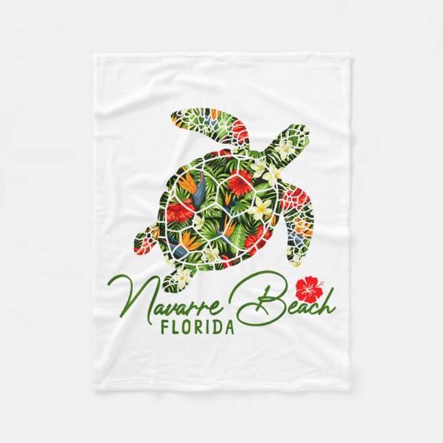Navarre Beach Florida Sea Turtle Tropical Hibiscus Fleece Blanket (Front)