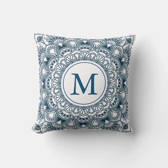 Navi blue floral mandala monogram cushion (Front)
