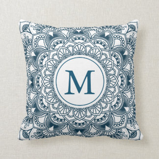 Navi blue floral mandala monogram cushion