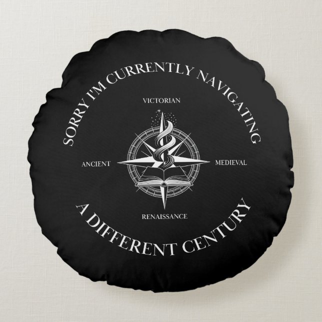 Navigating a Different Century Dark Academia Round Cushion (Front)