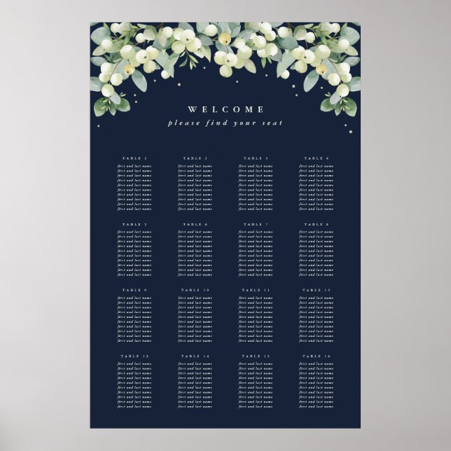 Navy 24x36" 16 Tables of 10 Seating Chart Poster (Front)