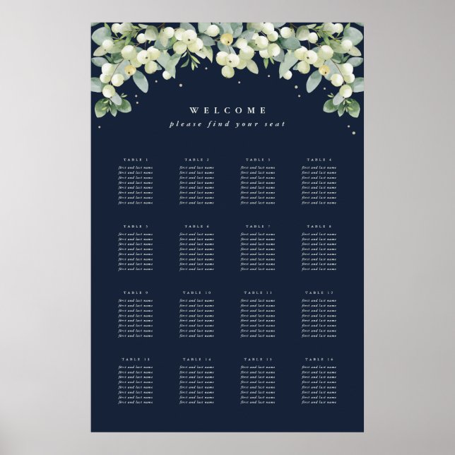 Navy 24x36" 16 Tables of 8 Seating Chart Poster (Front)