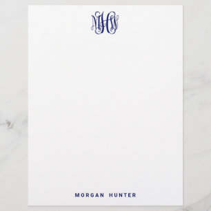 Navy 3 Initial Vine Script Monogram DIY BG Custom Letterhead