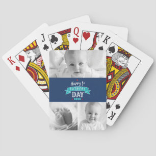 Navy 3 Photo Happy 1st Father’s Day Modern Cool Playing Cards