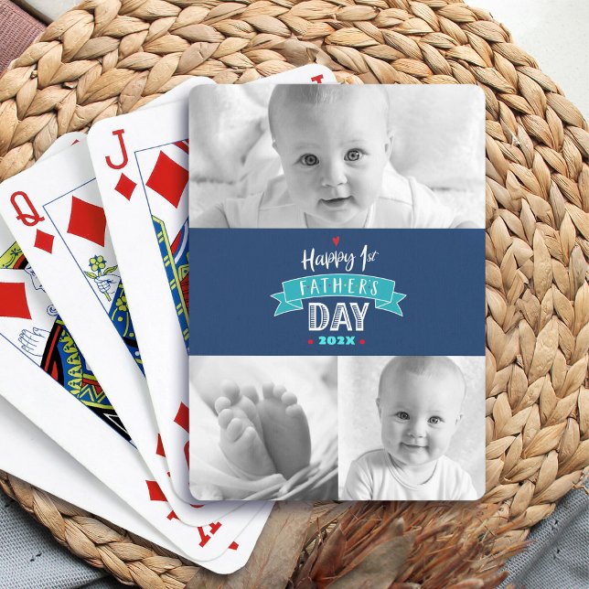 Navy 3 Photo Happy 1st Father’s Day Modern Cool Playing Cards (Creator Uploaded)