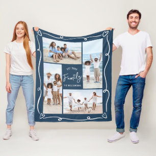 Navy 4 Photo Family Year Est Hand Drawn Doodles Fleece Blanket