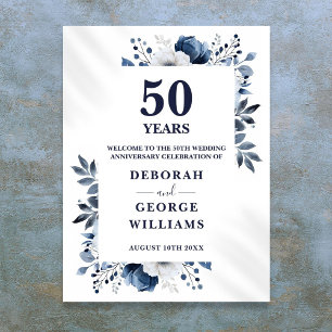 Navy 50th Wedding Anniversary Floral Welcome Sign