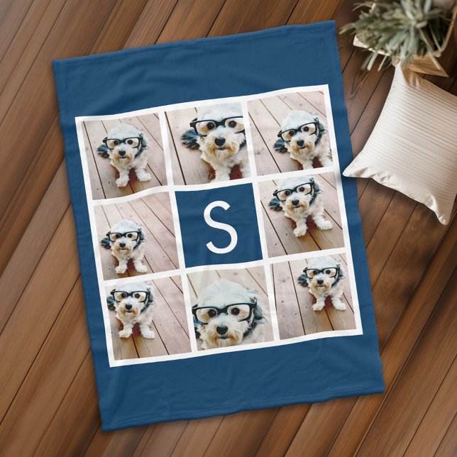 Navy 8 Photo Collage Custom Monogram Fleece Blanket (Personalized fleece blanket with 8 photos and a monogram)