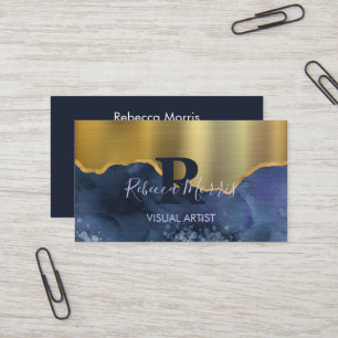 Navy Agate Brushed Gold Metal Business Card