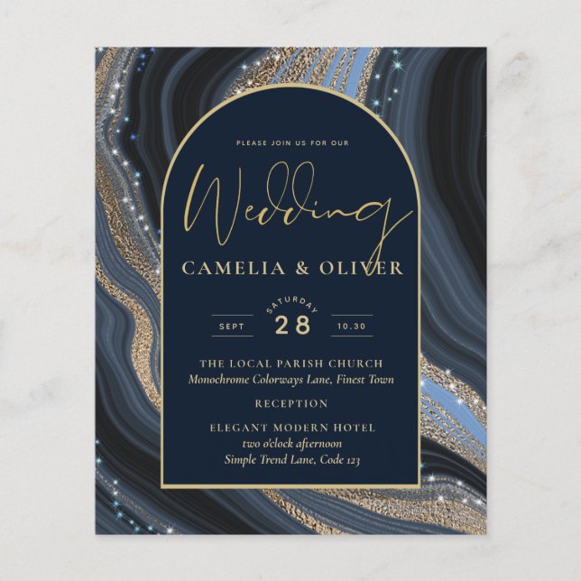 Navy Agate Marble Gold Wedding Invite QR Code RSVP Flyer (Front)
