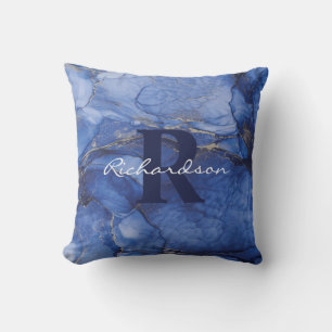 Navy Agate Monogram and Name Marble Luxury Cushion