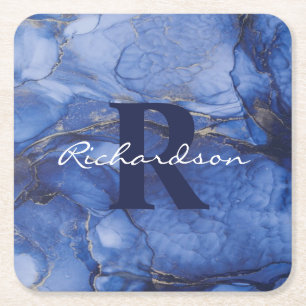Navy Agate Monogram and Name Marble Luxury  Square Paper Coaster