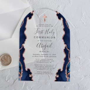 Navy Agate Rose Gold Arch First Holy Communion Acrylic Invitations