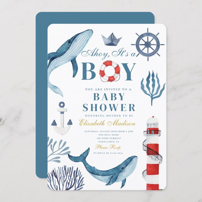Navy Ahoy It’s a boy Sailor Whale Sea Baby Shower  Invitation (Creator Uploaded)